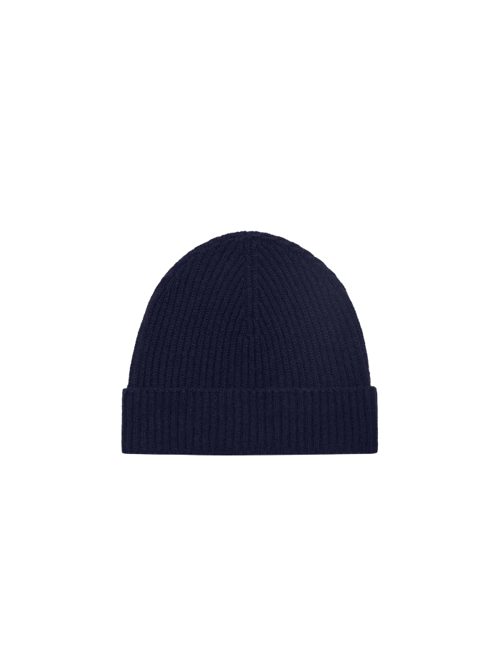 Cashmere Ribbed Beanie - Dark Navy